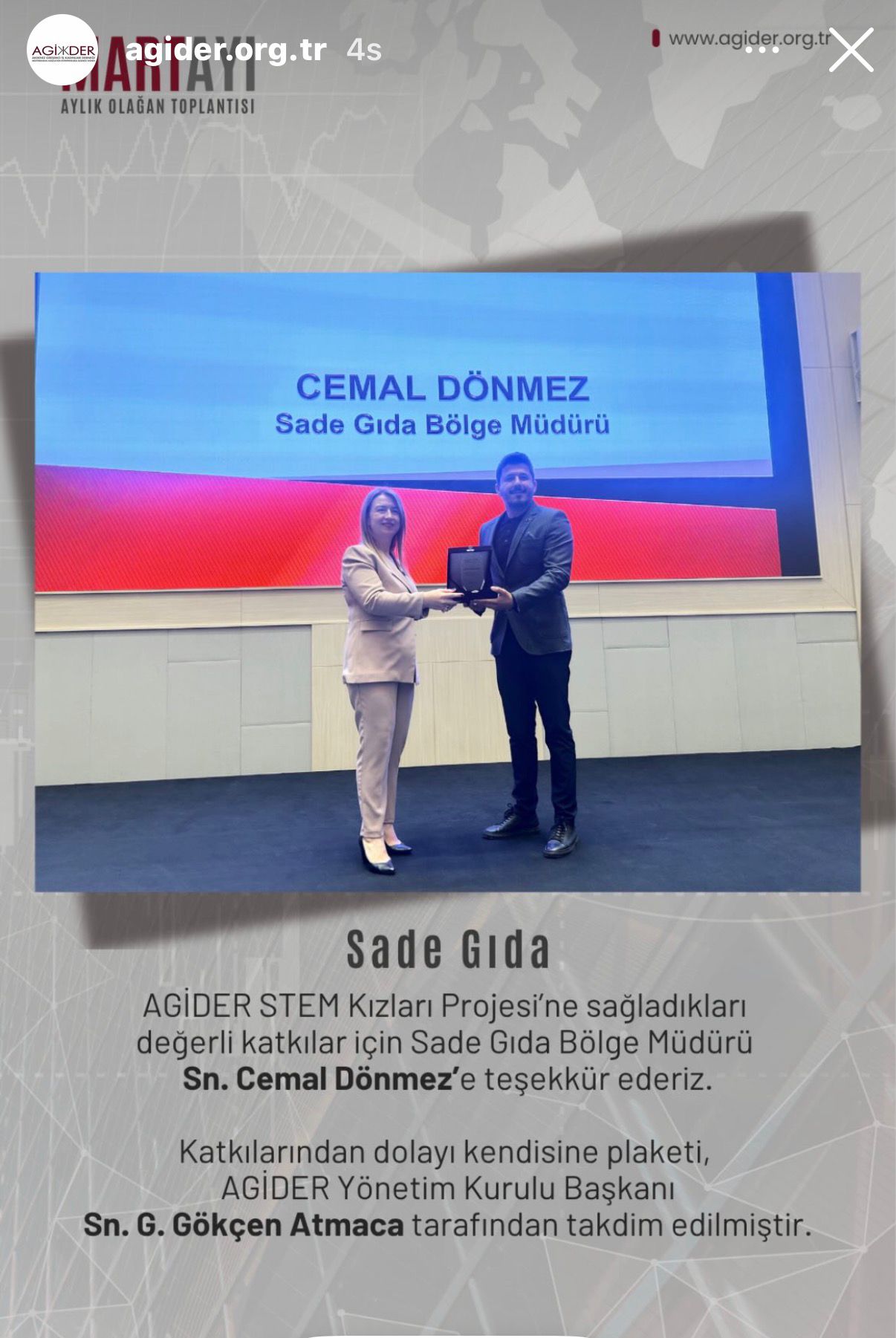 AGİDER'den Sade Kurumsala Ödül